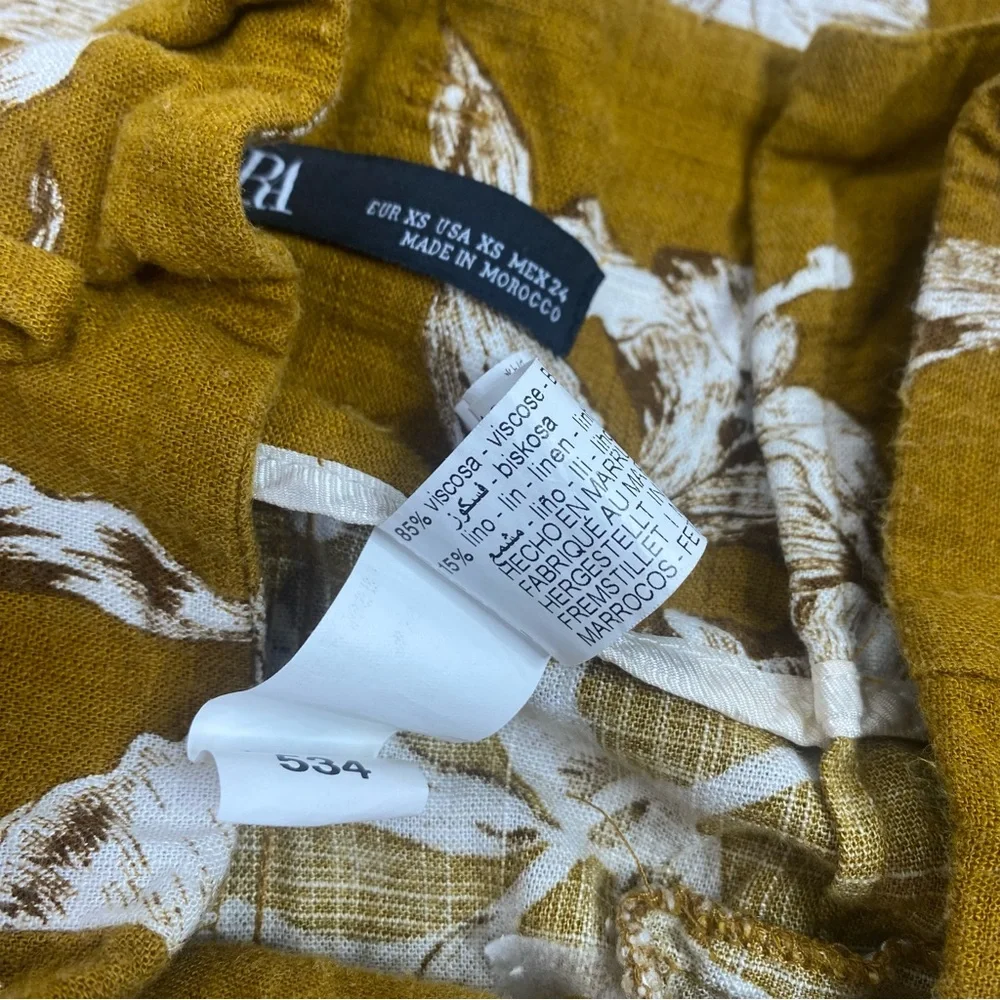 Zara Golden Yellow Floral Print Linen Blend High Waist Pants